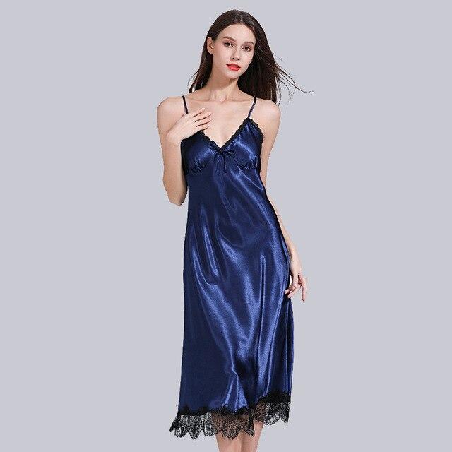 Silky Silk Long Nightdress For Women Spaghetti Straps Nightgown Satin Sleepwear Ladies Sexy Lace Fringe Dress Nightie Homewear