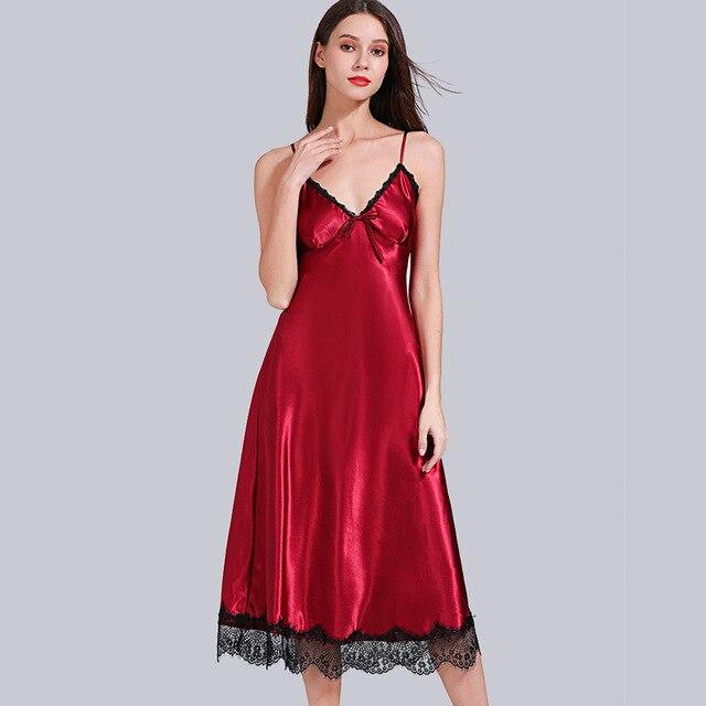 Silky Silk Long Nightdress For Women Spaghetti Straps Nightgown Satin Sleepwear Ladies Sexy Lace Fringe Dress Nightie Homewear