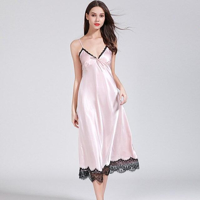 Silky Silk Long Nightdress For Women Spaghetti Straps Nightgown Satin Sleepwear Ladies Sexy Lace Fringe Dress Nightie Homewear