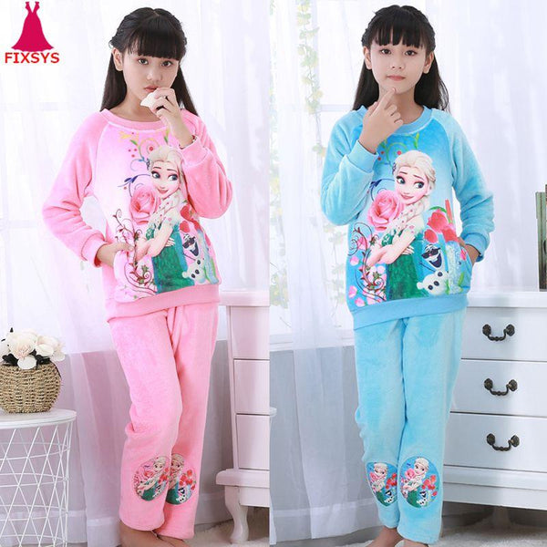 Hot Winter Children Fleece Girls Pajamas Warm Flannel Sleepwear Loungewear Coral Fleece Kids Pijamas Elsa Pyjama Set Homewear