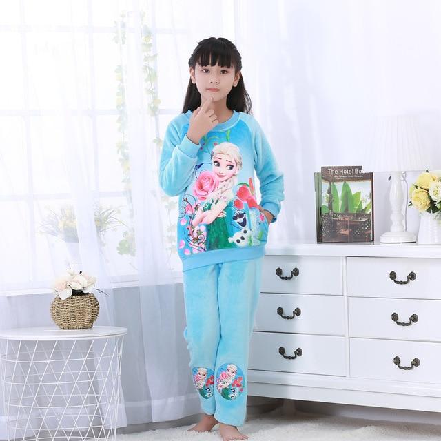 Hot Winter Children Fleece Girls Pajamas Warm Flannel Sleepwear Loungewear Coral Fleece Kids Pijamas Elsa Pyjama Set Homewear
