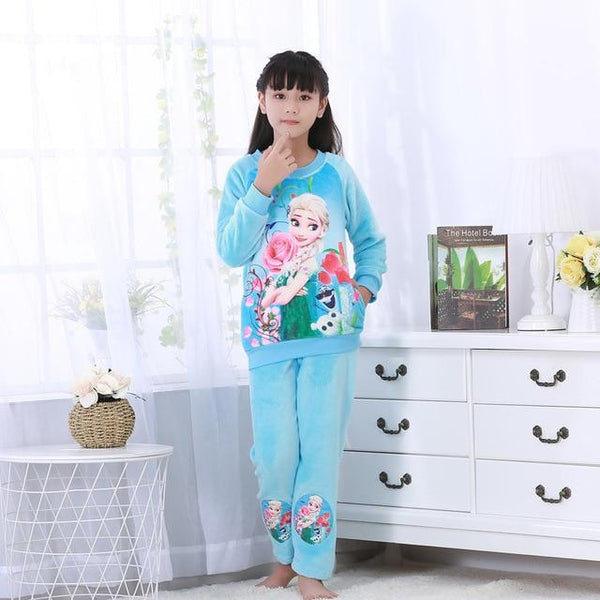 Hot Winter Children Fleece Girls Pajamas Warm Flannel Sleepwear Loungewear Coral Fleece Kids Pijamas Elsa Pyjama Set Homewear