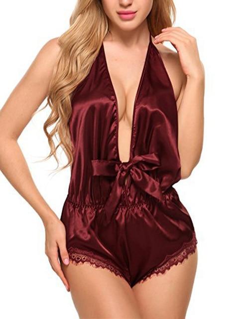 Women Sexy Lace Satin Lingerie Smooth Silk-like Nightwear Sleepwear Set Nighties for Women Night Dress Wear Deep V-Neck
