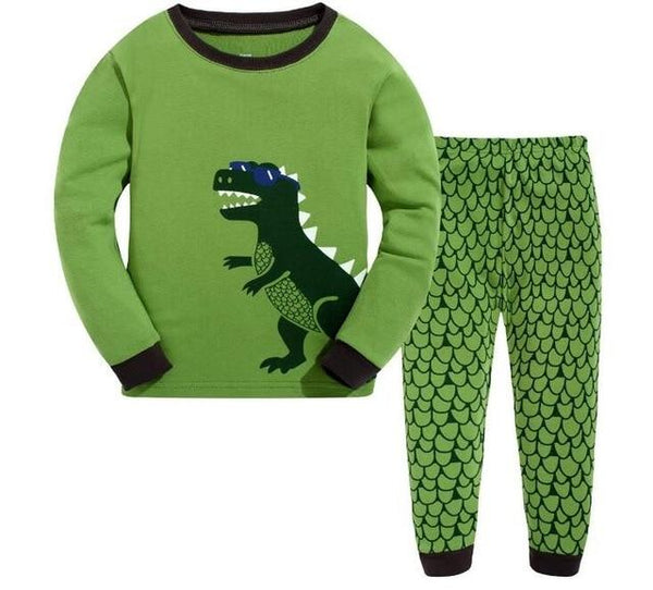 2019 new design 100% cotton high quality boys green dinosaur pajamas pyjama kids girl flower pajamas baby clothing set