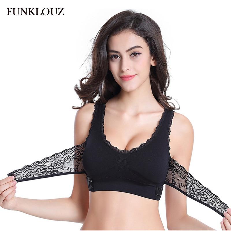 Funklouz Sexy Front Cross Side Buckle Wireless Lace Bra Breathable Sport Push Up Bra for Women