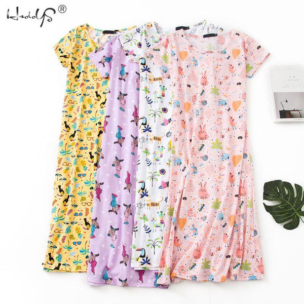 Cartoon Night Dress Women Sleepwear 100% Cotton Sleepshirts Ladies Nightwear Kawaii Nightgown Homewear Summer Home Dress Nightie