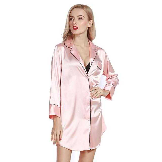 Women Imitated Silk Sexy V-neck Short Night Dress Ladies Elegant Long Sleeve Nighties Nightgown Fashion Sleepwear Nightwear