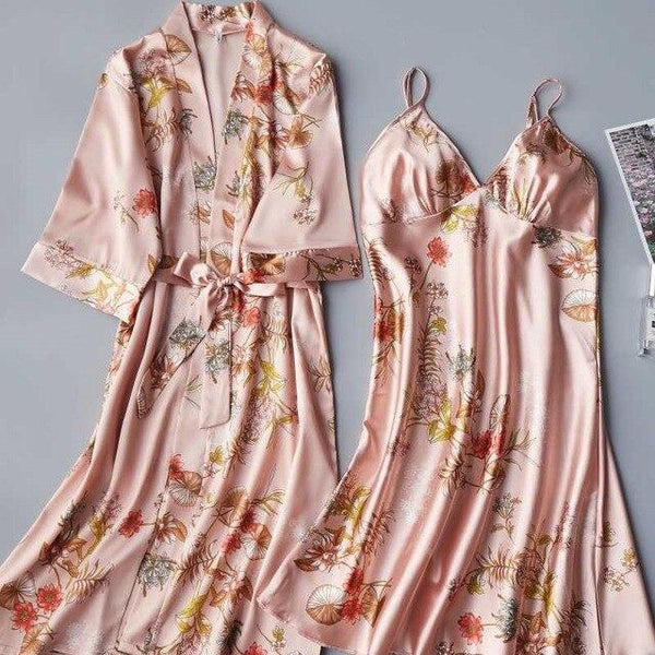 2PCS Set Women nightgown Summer Sleepshirt Plus Size Female Sleepwear Sexy Lady Silk Nighty Sleeveless Floral Sleep Clothing