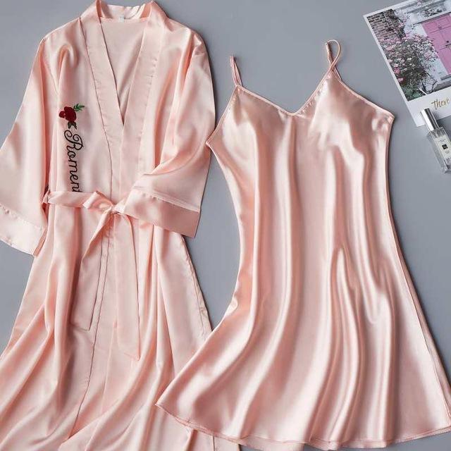 2PCS Set Women nightgown Summer Sleepshirt Plus Size Female Sleepwear Sexy Lady Silk Nighty Sleeveless Floral Sleep Clothing