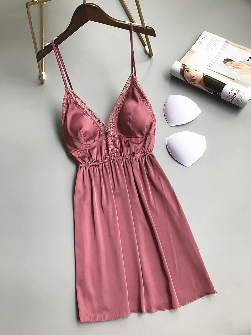 Sexy Lingerie Silk Nightie Mini Dress Lace Nightgown Female Spring Summer Sleepwear Stain Shirt Women's Night Chemise De Nuit