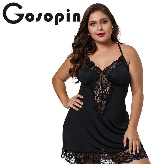 Gosopin Nightgown Plus Size Women Lingerie Nighty Dress Satin Patchwork Sleepwear Lace Sexy Nightwear Dress Hollow Out Chemise