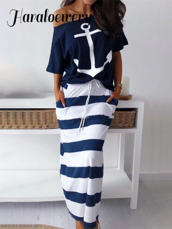 2019 Summer Two-pieces Suit Sets Ladies  Plus Size Elegant Vacation Leisure Boat Anchor Print T-Shirt & Striped Maxi Skirt Sets