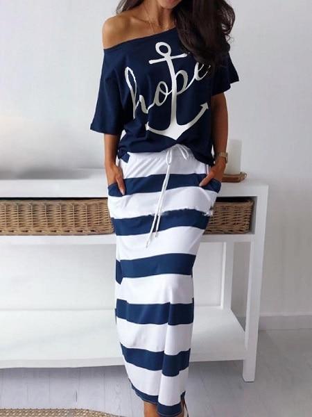 2019 Summer Two-pieces Suit Sets Ladies  Plus Size Elegant Vacation Leisure Boat Anchor Print T-Shirt & Striped Maxi Skirt Sets