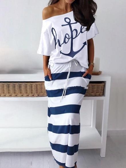 2019 Summer Two-pieces Suit Sets Ladies  Plus Size Elegant Vacation Leisure Boat Anchor Print T-Shirt & Striped Maxi Skirt Sets
