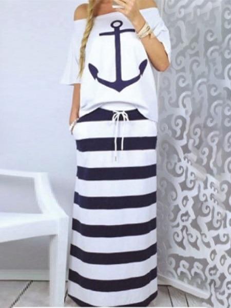 2019 Summer Two-pieces Suit Sets Ladies  Plus Size Elegant Vacation Leisure Boat Anchor Print T-Shirt & Striped Maxi Skirt Sets