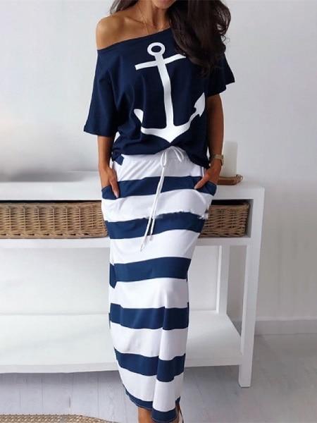 2019 Summer Two-pieces Suit Sets Ladies  Plus Size Elegant Vacation Leisure Boat Anchor Print T-Shirt & Striped Maxi Skirt Sets
