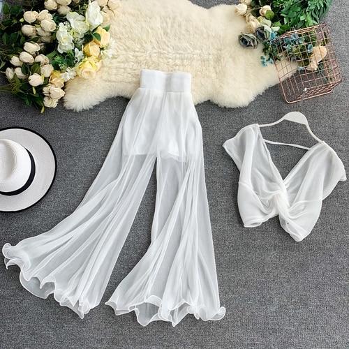 Gaganight Sexy Two Pieces Set Women Ankle Length Wide Leg Pants Suit Chic 2 Piece Outfits Loose Top Blouse Elegant 2 Piece Set