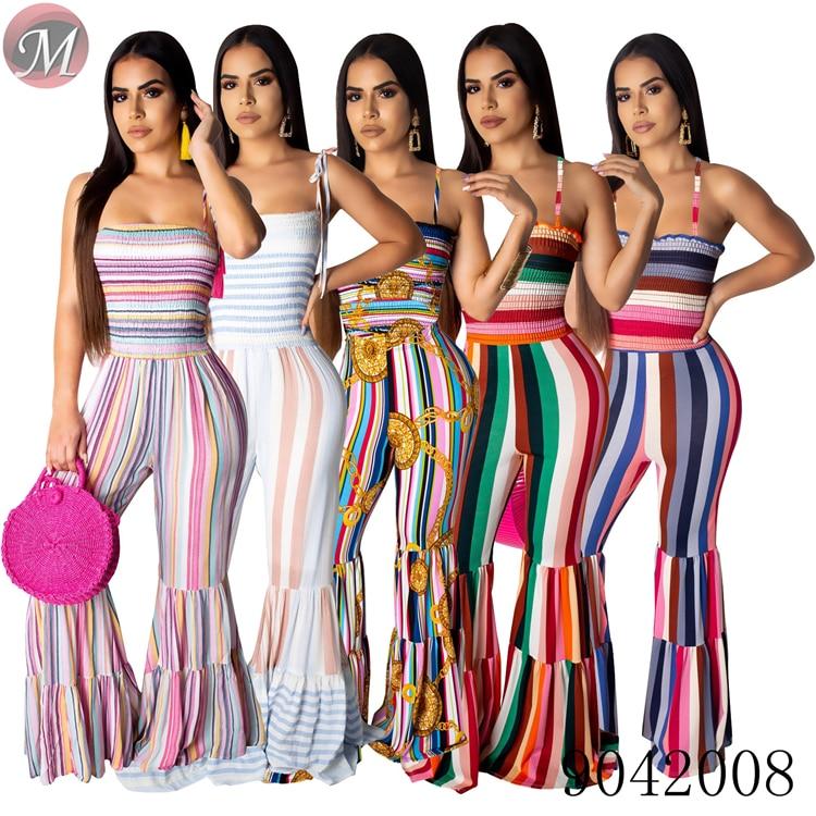 Sexy suspender smocking stitch flared women long jumpsuit