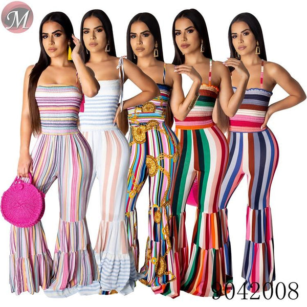 Sexy suspender smocking stitch flared women long jumpsuit