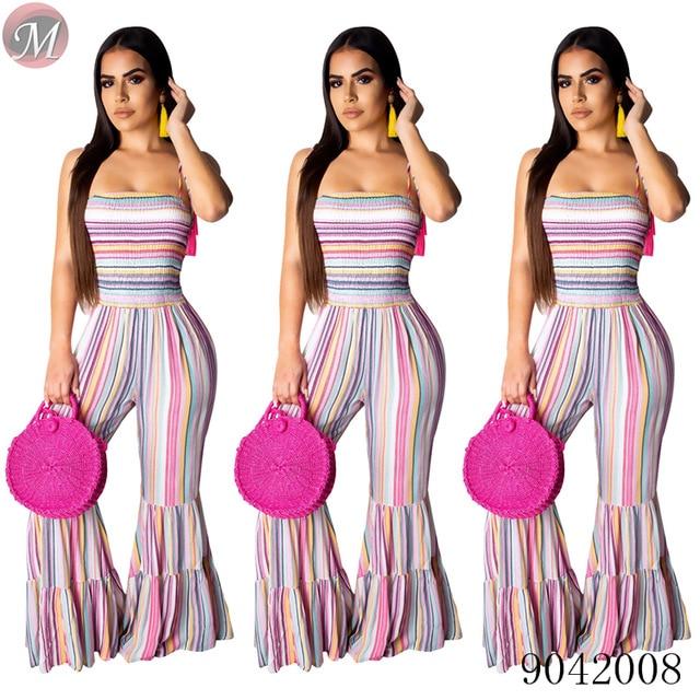 Sexy suspender smocking stitch flared women long jumpsuit