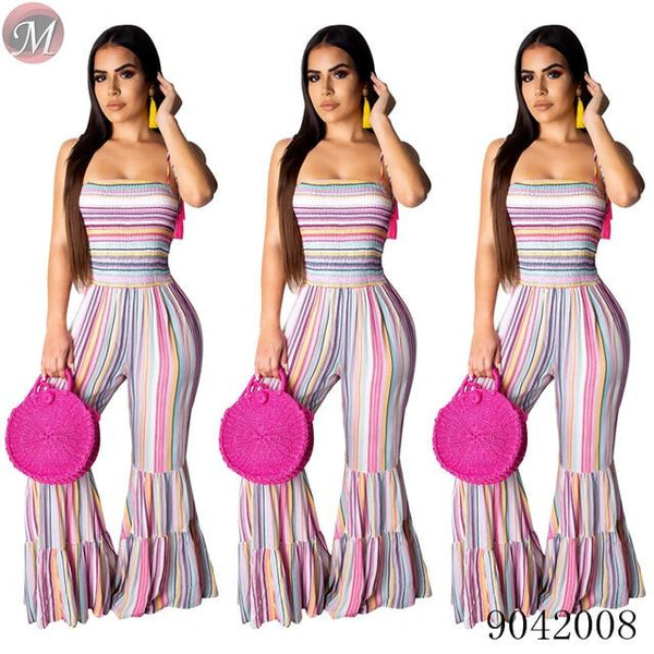 Sexy suspender smocking stitch flared women long jumpsuit