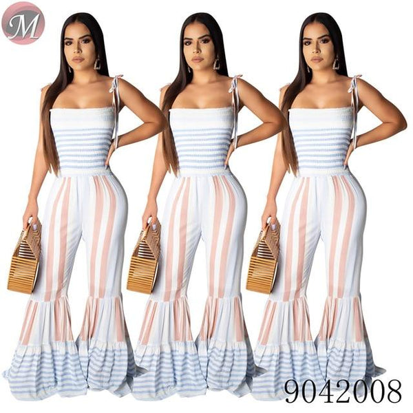 Sexy suspender smocking stitch flared women long jumpsuit