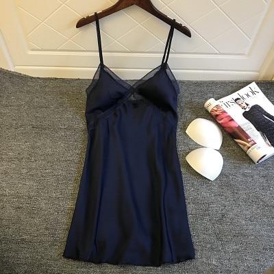 Daeyard Sexy Silk Lingeries Women Nightgown Sleeveless Push Up Night Dress Lace Trim Nightshirt  Nighty Sleepwear Home Clothes