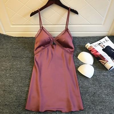 Daeyard Sexy Silk Lingeries Women Nightgown Sleeveless Push Up Night Dress Lace Trim Nightshirt  Nighty Sleepwear Home Clothes