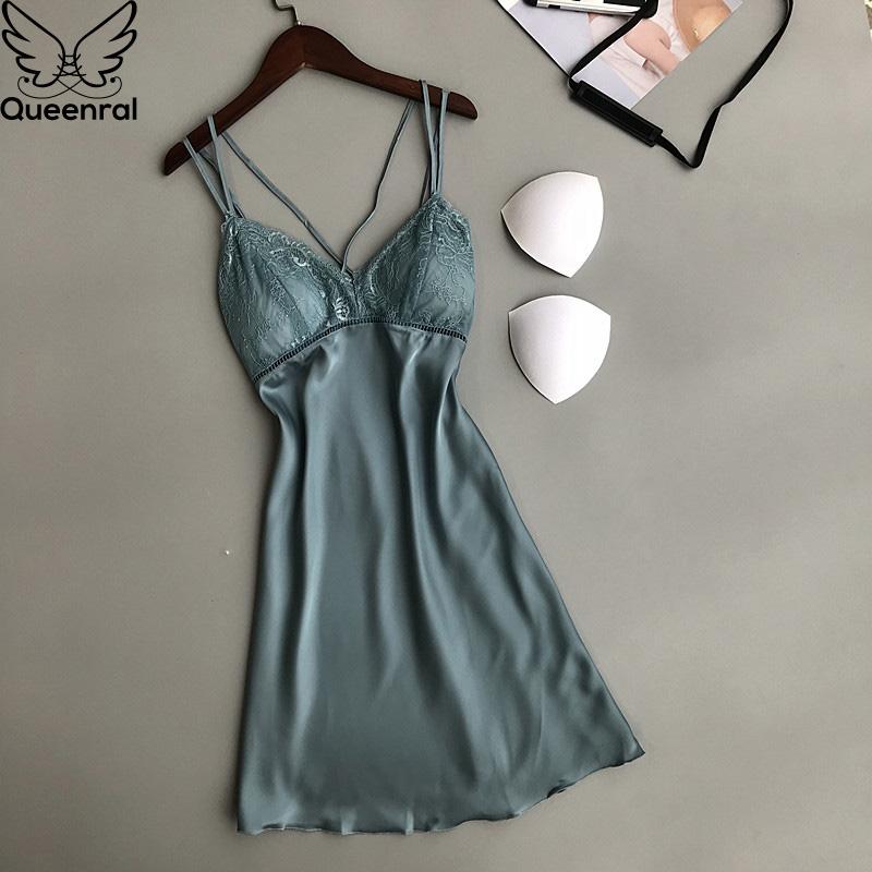 Queenral Sleepwear Nightgowns Sleepshirt With Chest Pad Night gown Women Night Dress Sexy Lace Ladie Nightwear Lingerie Nighty