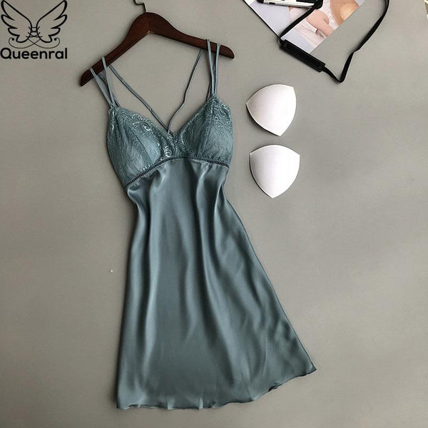 Queenral Sleepwear Nightgowns Sleepshirt With Chest Pad Night gown Women Night Dress Sexy Lace Ladie Nightwear Lingerie Nighty