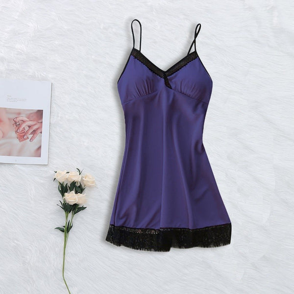 Women Sleepwear Lace Sexy Nightgown Trim Nightie Home Straps Dress Solid Satin Nightdress Ladies Underwear Babydoll Nightwear *B