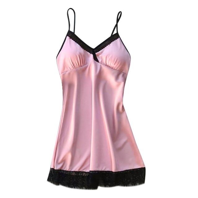 Women Sleepwear Lace Sexy Nightgown Trim Nightie Home Straps Dress Solid Satin Nightdress Ladies Underwear Babydoll Nightwear *B