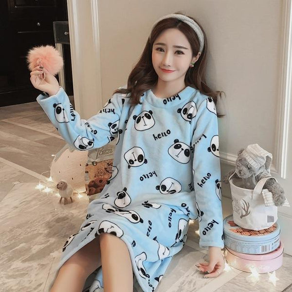Thick Warm Flannel Cartoon Panda Print Nightgowns for Women Autumn Winter Long Sleeve Coral Velvet Nightdress Night Dress Nighty
