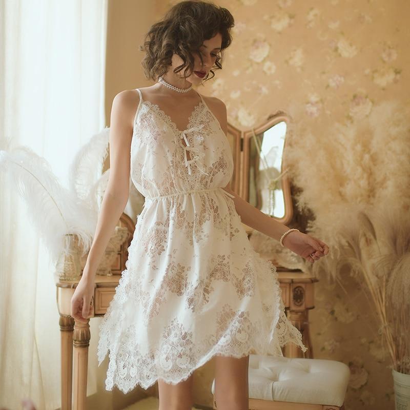 Women Sleepwear Nightgown Sexy Nightwear Lace Crochet Backless Sling Sleeping Dress Lady Nighty Lingerie White Cotton Sleep Wear