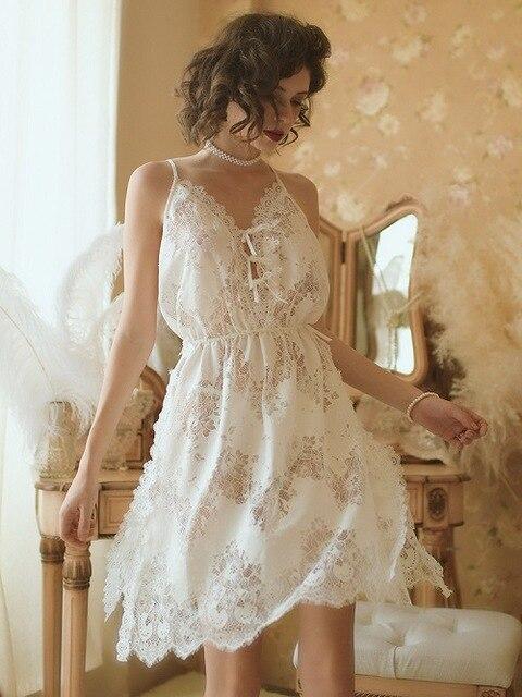 Women Sleepwear Nightgown Sexy Nightwear Lace Crochet Backless Sling Sleeping Dress Lady Nighty Lingerie White Cotton Sleep Wear