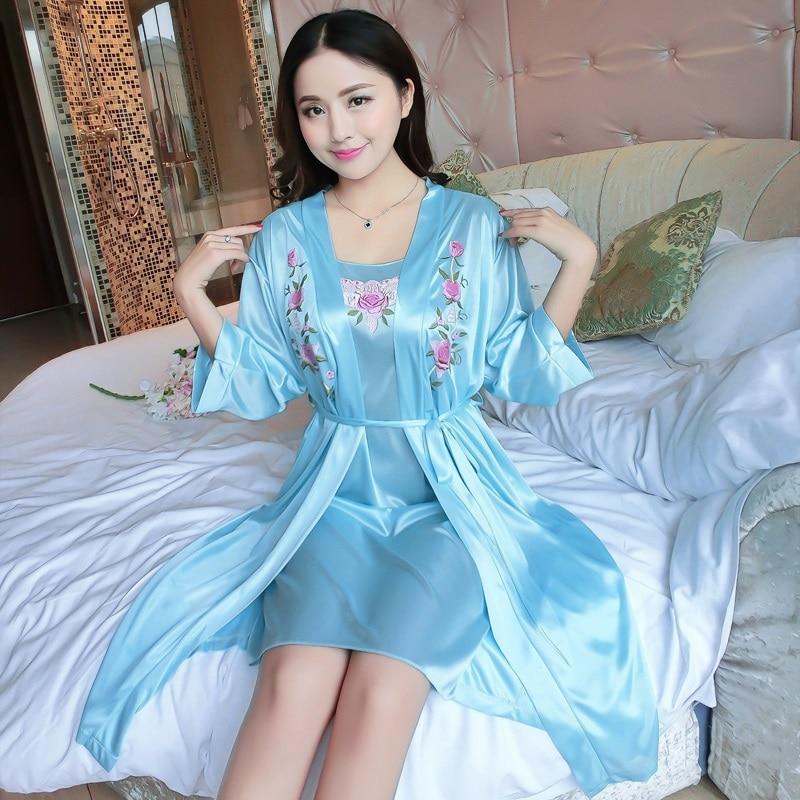 Set(Dress+Outwear)Night Dress Nightgown Sexy Nightwear Lace Patchwork Camisola Lingerie Nighty Silk Dress Sleep Wear Nightdress