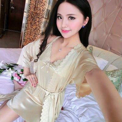 Set(Dress+Outwear)Night Dress Nightgown Sexy Nightwear Lace Patchwork Camisola Lingerie Nighty Silk Dress Sleep Wear Nightdress