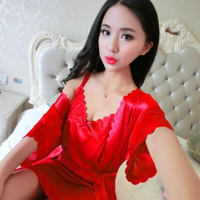 Set(Dress+Outwear)Night Dress Nightgown Sexy Nightwear Lace Patchwork Camisola Lingerie Nighty Silk Dress Sleep Wear Nightdress