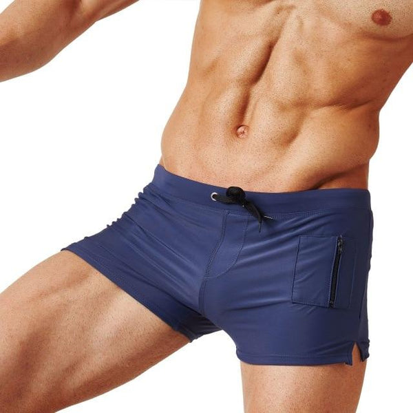 New Men's Swimming Trunks Sexy Swimsuit Solid Quick Dry Beach Shorts Pocket Elastic Hot Swimwear 2019 XXL Swimming Suit For Male