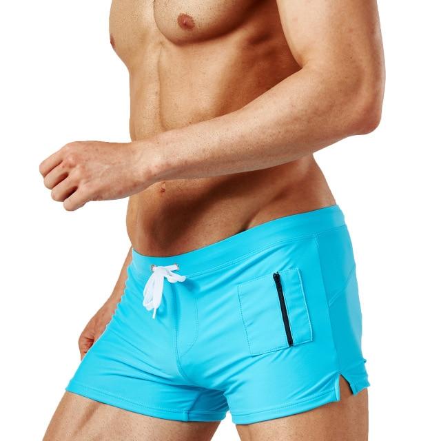 New Men's Swimming Trunks Sexy Swimsuit Solid Quick Dry Beach Shorts Pocket Elastic Hot Swimwear 2019 XXL Swimming Suit For Male