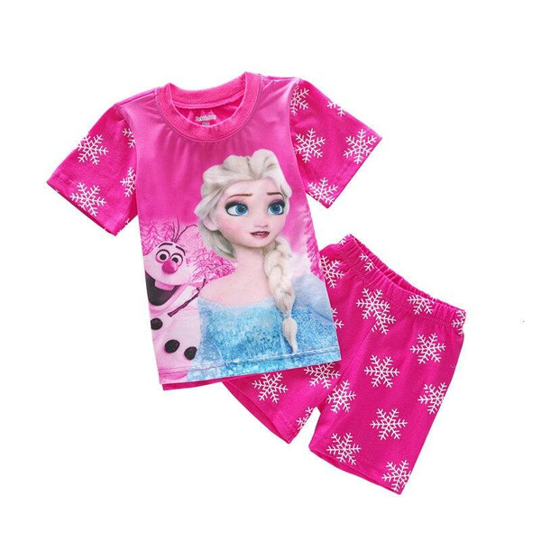 Retail! Children's pajamas Sets Summer Baby Girls pajamas Snow Queen cartoon Kids sleepwear short sleeve t-shirts+shorts suits