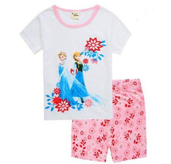 Retail! Children's pajamas Sets Summer Baby Girls pajamas Snow Queen cartoon Kids sleepwear short sleeve t-shirts+shorts suits