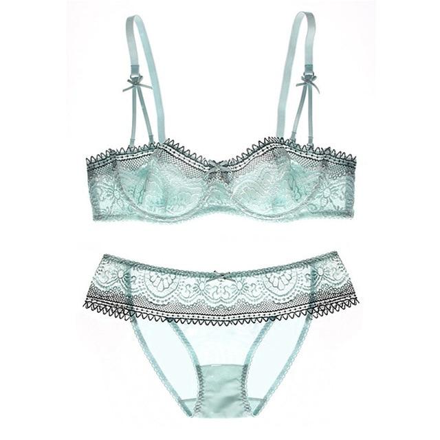 Young Girl Ultrathin Half Cup Bra Plus Size D Cup Lace Transparent Bras Set Sexy Green Underwear Women Sets Hollow Out Brassiere