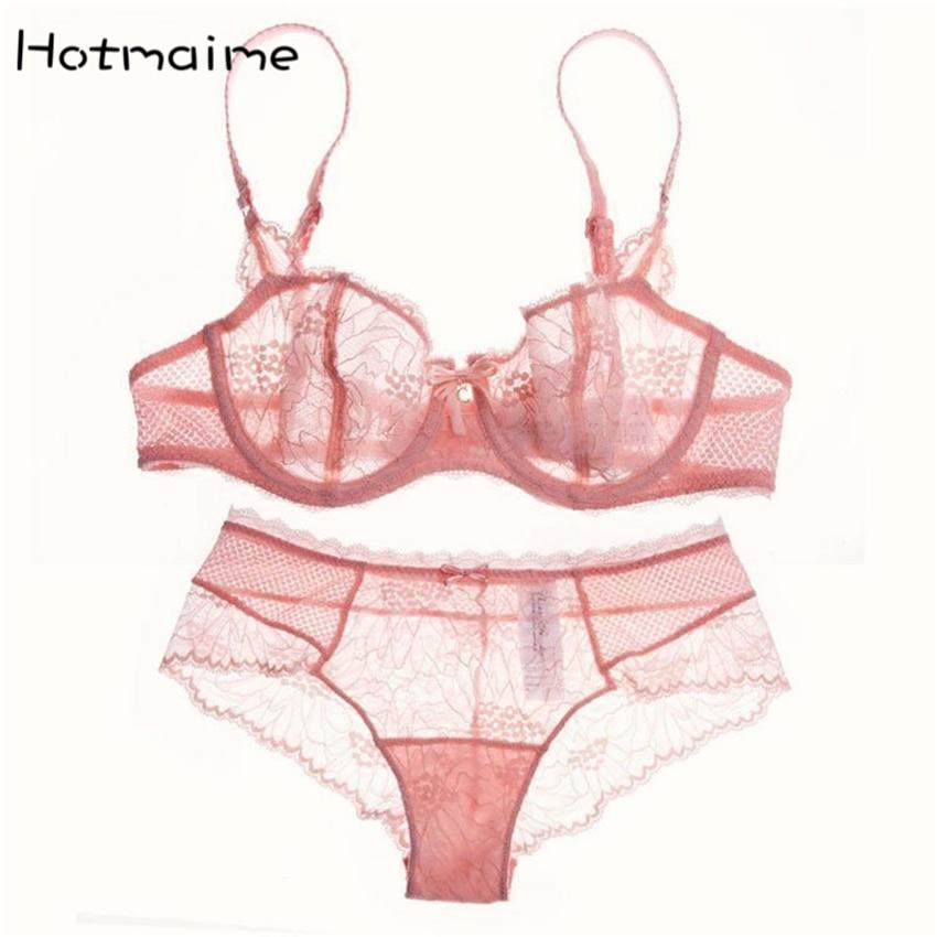 Ultra-thin sexy lace cup bra set pink young girl summer plus size of perspectivity temptation underwear bra briefs set