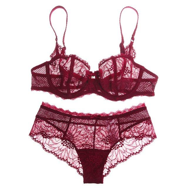 Ultra-thin sexy lace cup bra set pink young girl summer plus size of perspectivity temptation underwear bra briefs set