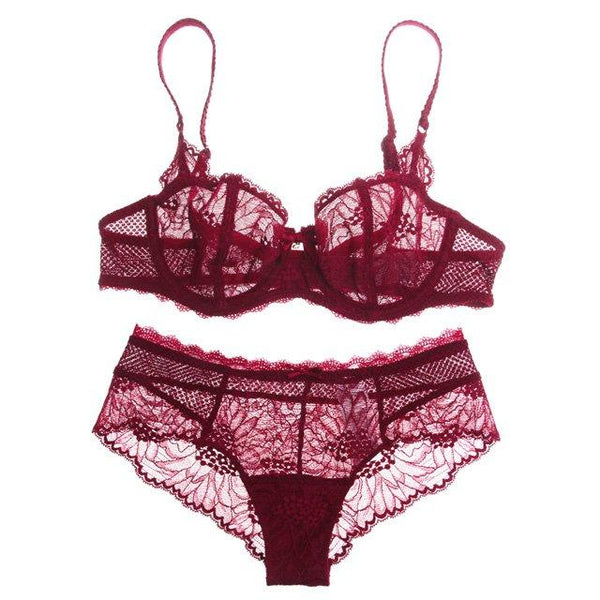 Ultra-thin sexy lace cup bra set pink young girl summer plus size of perspectivity temptation underwear bra briefs set