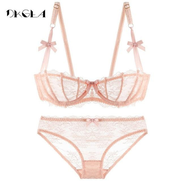Ultrathin Underwear Set Plus Size 34 36 38 E Cup Sexy Bras Lingerie Lace Women Transparent Bra Set Pink Brassiere Half Cup White
