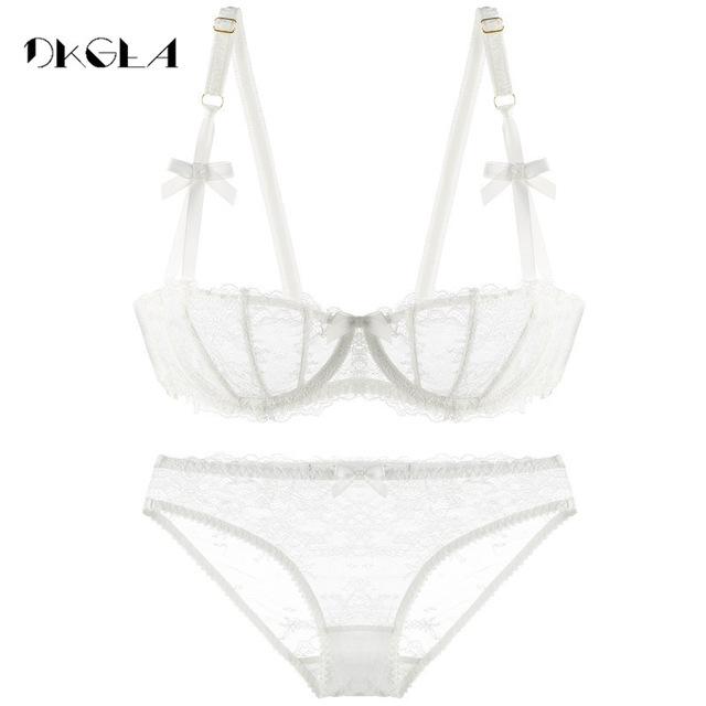 Ultrathin Underwear Set Plus Size 34 36 38 E Cup Sexy Bras Lingerie Lace Women Transparent Bra Set Pink Brassiere Half Cup White