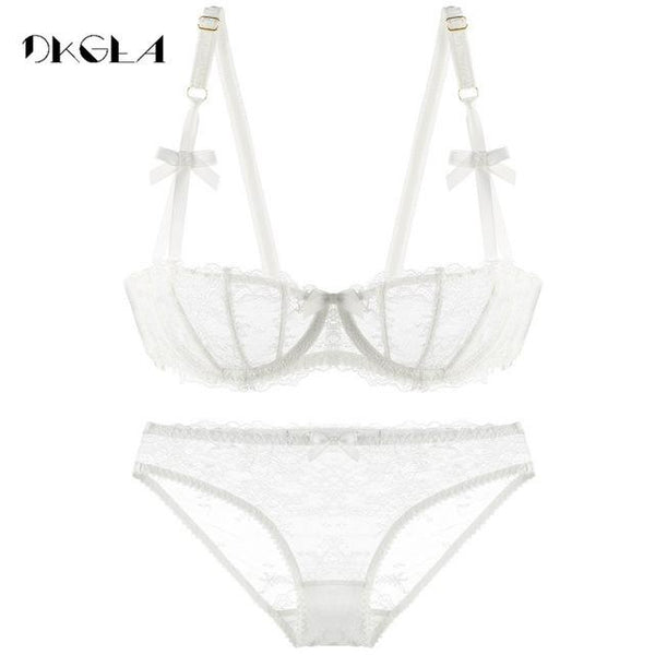 Ultrathin Underwear Set Plus Size 34 36 38 E Cup Sexy Bras Lingerie Lace Women Transparent Bra Set Pink Brassiere Half Cup White