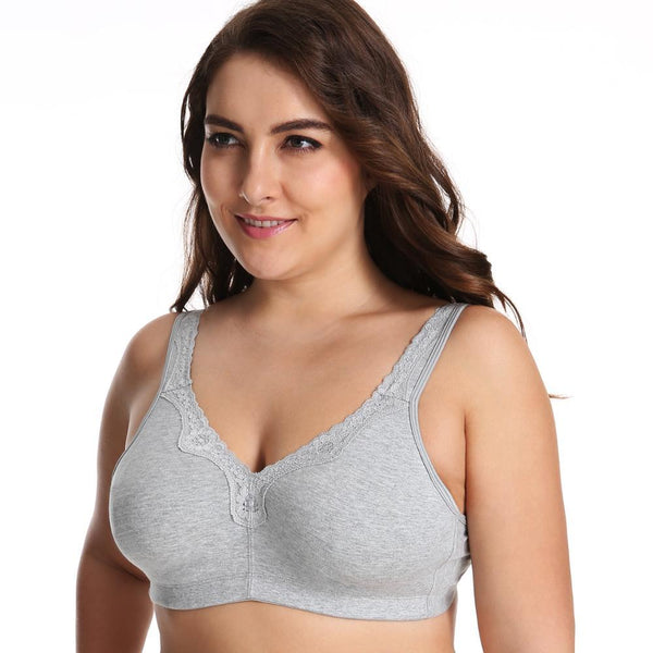 New Lace Trim Full Coverage Cotton Wirefree Bra  Plus Size 36-48 B C D DD E